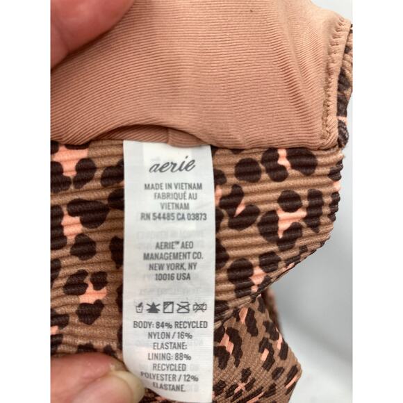 Aerie Ribbed One Shoulder Brown Pink Bikini Top Animal Print S/M Padded - Picture 6 of 10